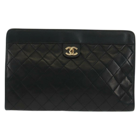 香奈兒 (CHANEL) Matelasse 羊皮手拿包，黑色，金色雙C標誌，貨號 162542AV