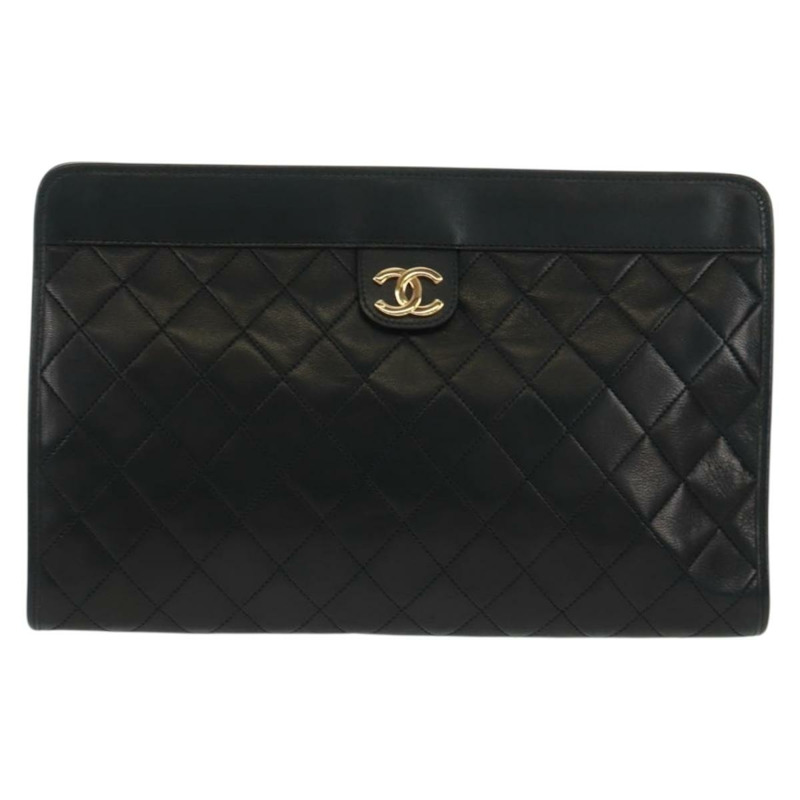 【日本直送】香奈兒 (CHANEL) Matelasse 羊皮手拿包,黑色,金色雙C標誌,貨號 162542AV-0