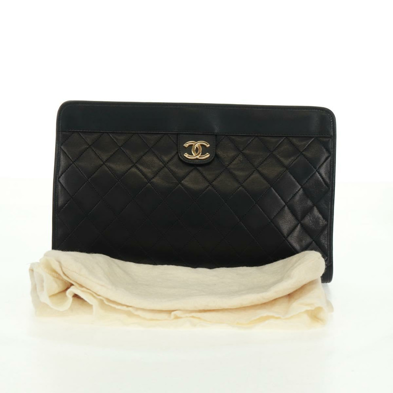 【日本直送】香奈兒 (CHANEL) Matelasse 羊皮手拿包,黑色,金色雙C標誌,貨號 162542AV-16