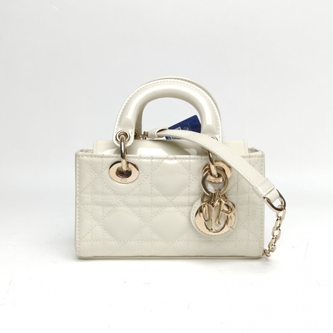 DIOR LadyD-Joy橫版戴妃包超迷你白色漆皮金扣2023