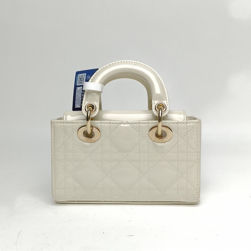 DIOR LadyD-Joy橫版戴妃包超迷你白色漆皮金扣2023-2