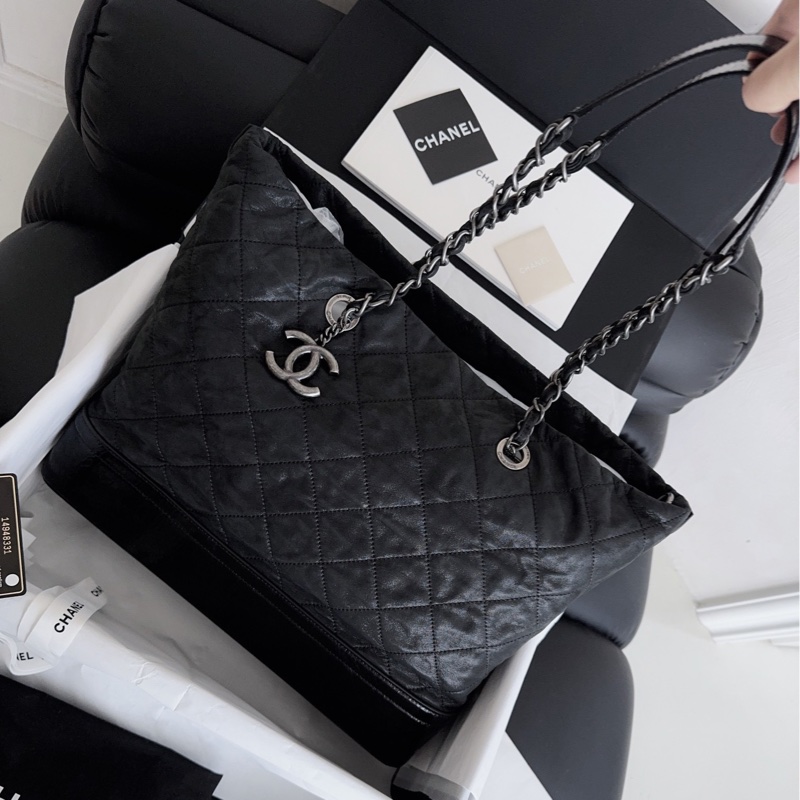【近新閒置品】Chanel香奈兒 黑色銀扣牛皮黑銀流浪托特包tote-0