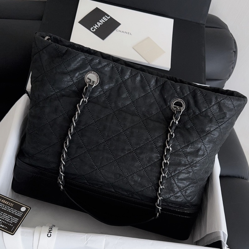 【近新閒置品】Chanel香奈兒 黑色銀扣牛皮黑銀流浪托特包tote-1
