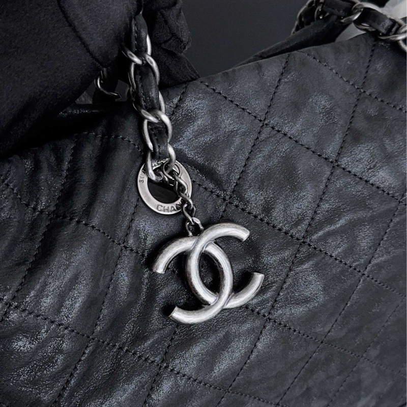 【近新閒置品】Chanel香奈兒 黑色銀扣牛皮黑銀流浪托特包tote-5