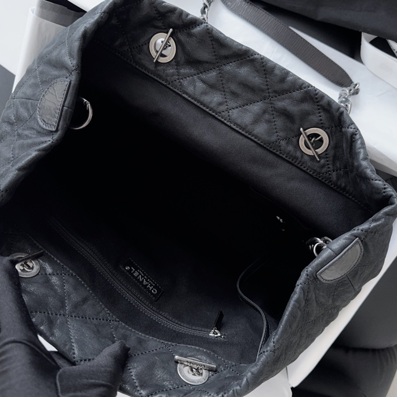 【近新閒置品】Chanel香奈兒 黑色銀扣牛皮黑銀流浪托特包tote-6