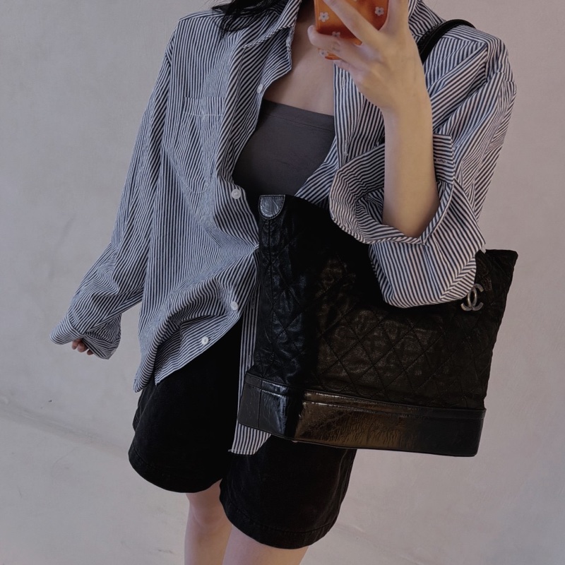 【近新閒置品】Chanel香奈兒 黑色銀扣牛皮黑銀流浪托特包tote-9