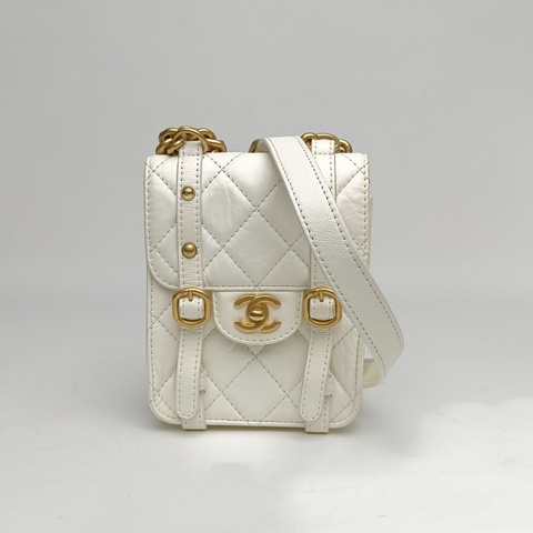 CHANEL CF季節款21秋冬豎版劍橋包白色牛皮晶片開金扣