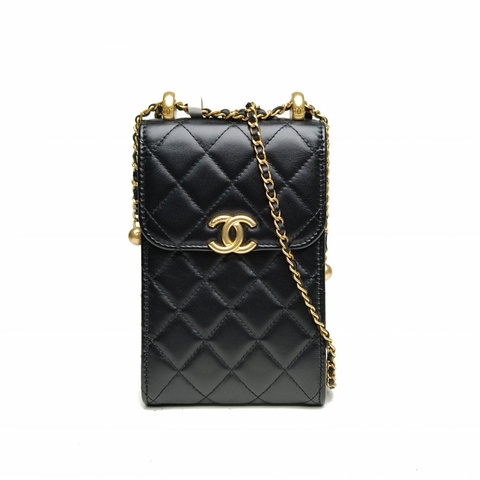 CHANEL 21A翻蓋手機包黑色牛皮31開金扣雙金珠皮穿鏈