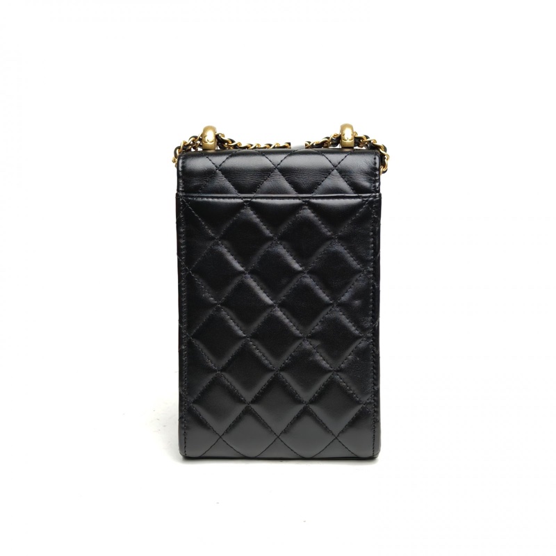 CHANEL 21A翻蓋手機包黑色牛皮31開金扣雙金珠皮穿鏈-2