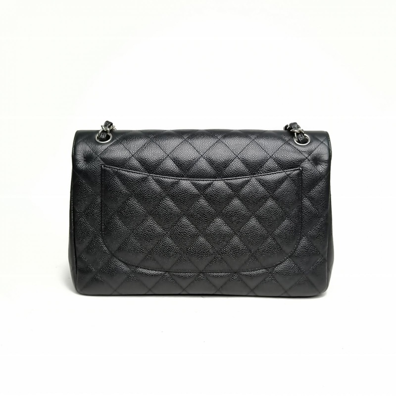 CHANEL CF口蓋包JUMBO黑色荔枝牛皮14開銀扣-2