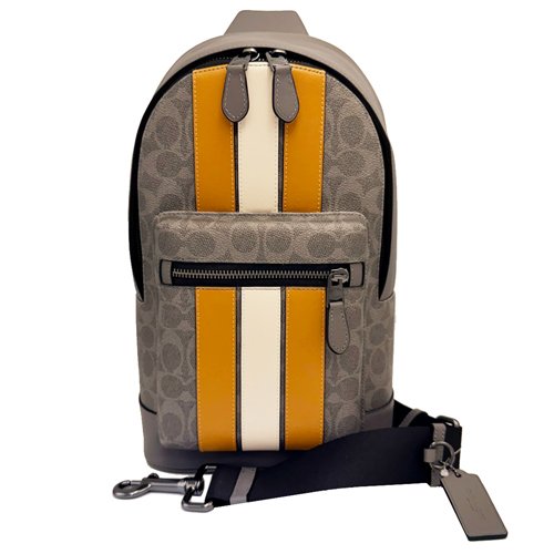 【COACH】C LOGO前拉鍊男款單肩胸前斜背包(直紋灰)-0