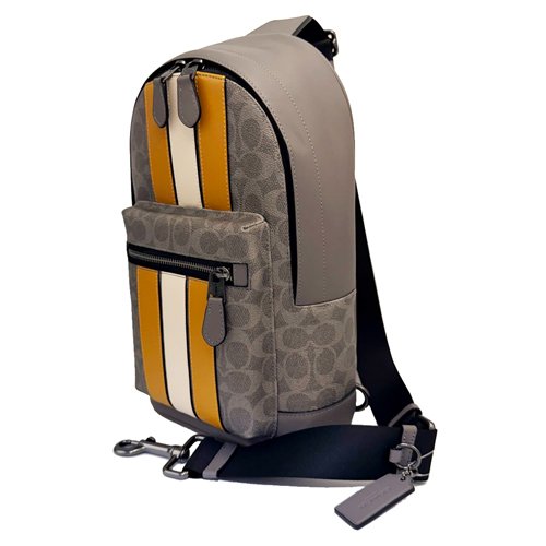 【COACH】C LOGO前拉鍊男款單肩胸前斜背包(直紋灰)-1