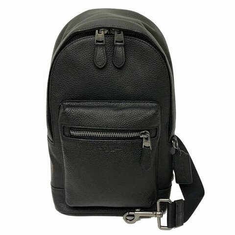 【COACH】素面牛皮前拉鍊男款單肩胸前斜背包(黑)