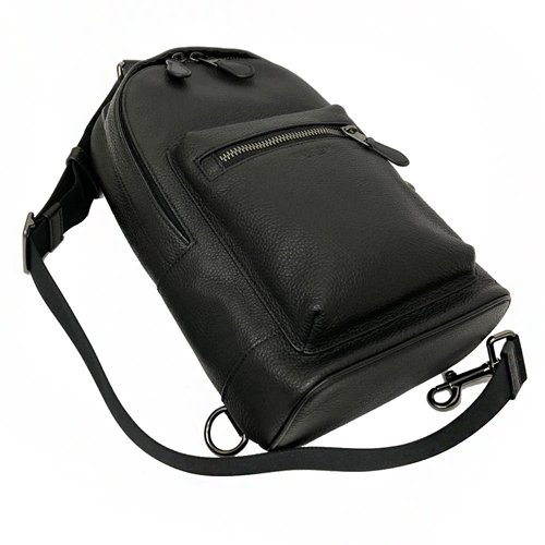 【COACH】素面牛皮前拉鍊男款單肩胸前斜背包(黑)-3