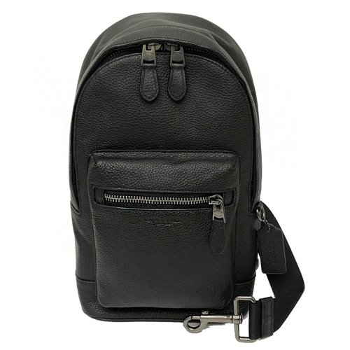 【COACH】素面牛皮前拉鍊男款單肩胸前斜背包(黑)-5