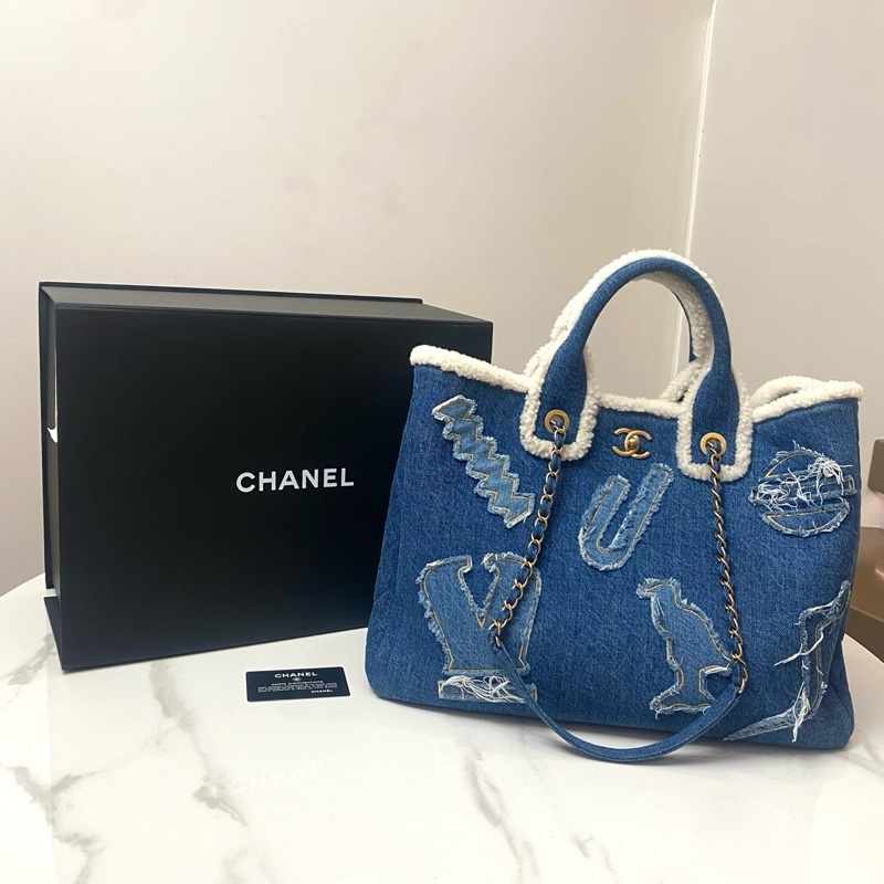 香奈兒/chanel 丹寧款牛仔拼羊羔毛托特tote-0