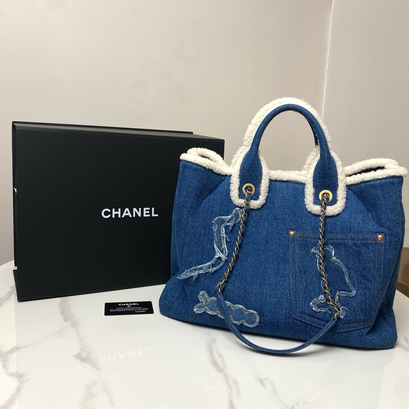 香奈兒/chanel 丹寧款牛仔拼羊羔毛托特tote-1
