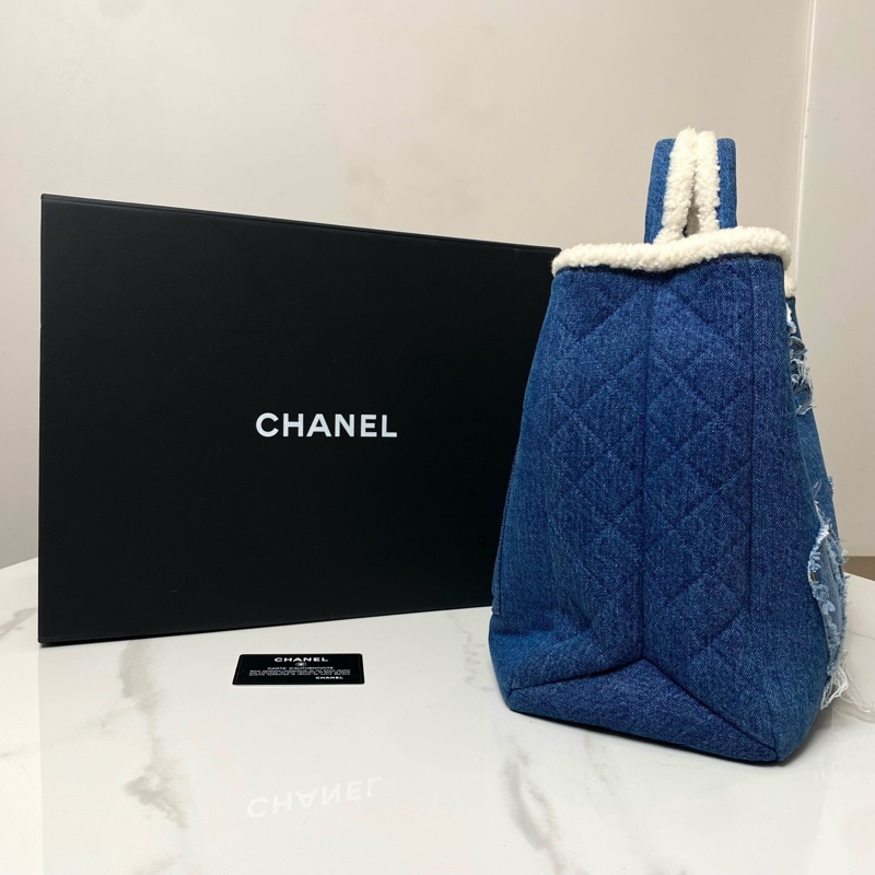 香奈兒/chanel 丹寧款牛仔拼羊羔毛托特tote-2