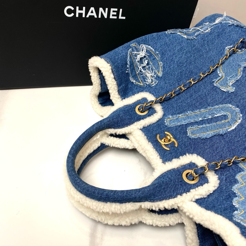 香奈兒/chanel 丹寧款牛仔拼羊羔毛托特tote-4