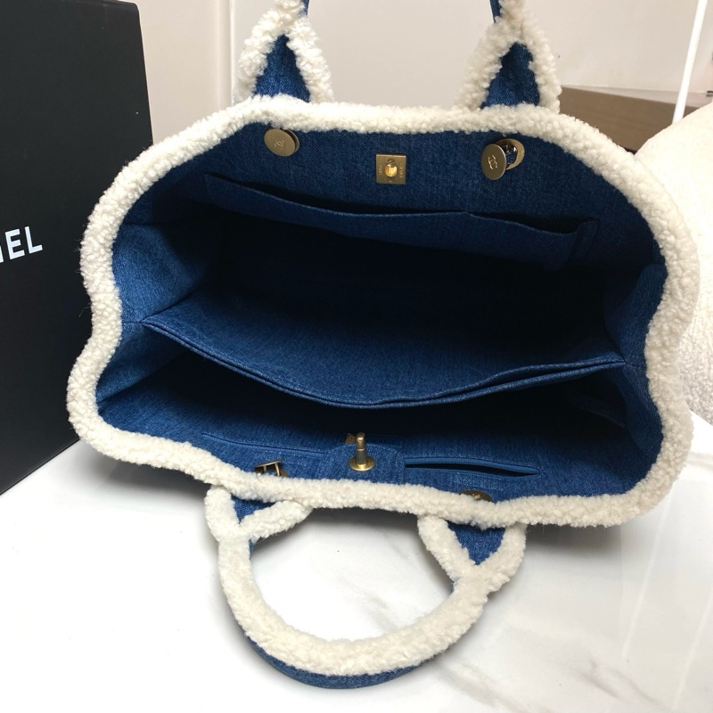 香奈兒/chanel 丹寧款牛仔拼羊羔毛托特tote-5