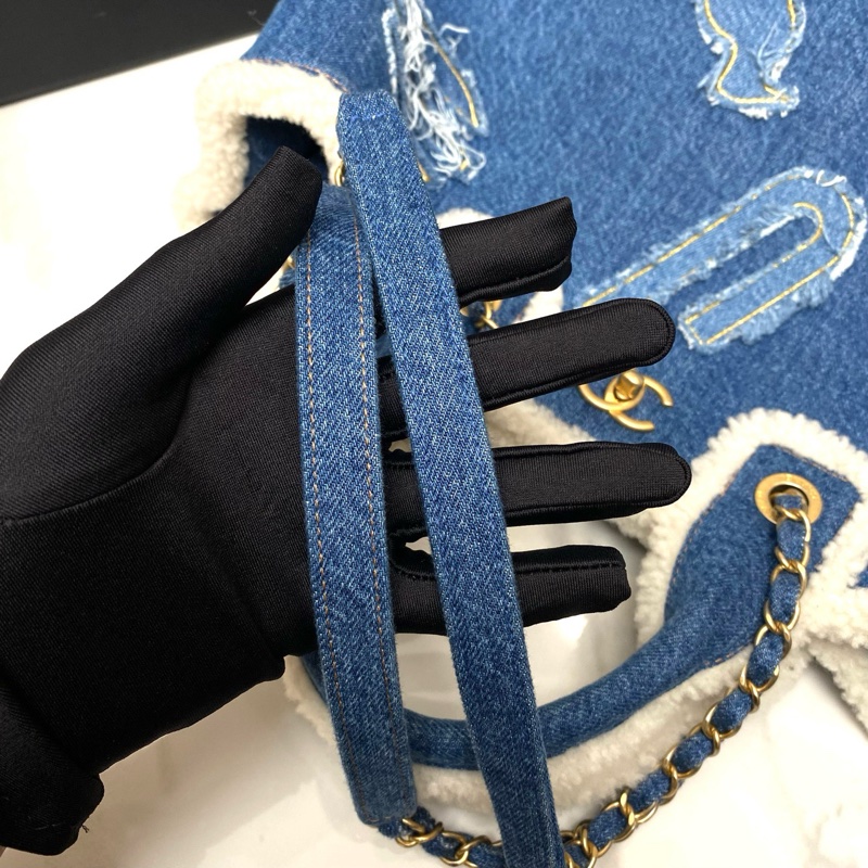 香奈兒/chanel 丹寧款牛仔拼羊羔毛托特tote-6