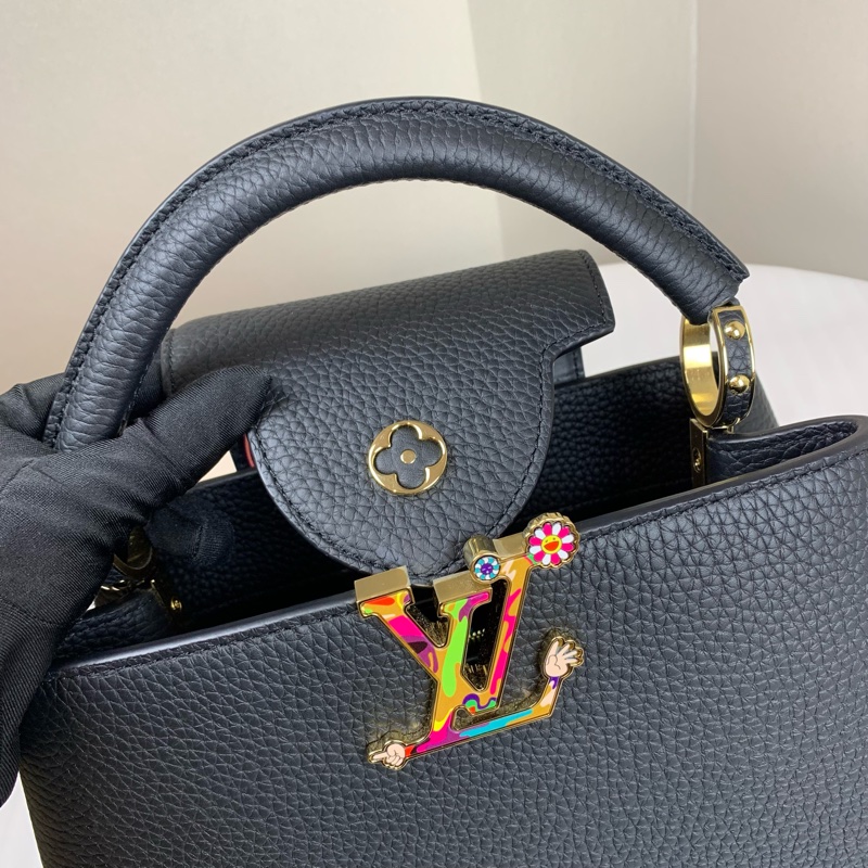99新 路易威登/Louis Vuitton Capucines BB 黑色金扣 村上隆聯名收藏款 配件:盒子,塵袋,長肩帶,掛飾27x9x18cm-3