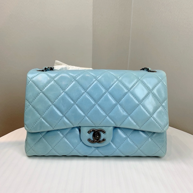 香奈兒/Chanel 經典CF Jumbo 銀扣淺藍色油蠟皮牛皮菱格紋口蓋包 配件:盒子,塵袋,保卡,購證30x10x20cm-1