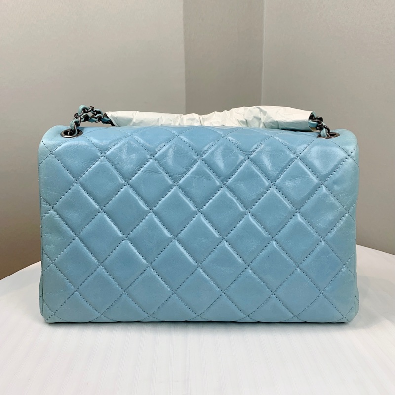 香奈兒/Chanel 經典CF Jumbo 銀扣淺藍色油蠟皮牛皮菱格紋口蓋包 配件:盒子,塵袋,保卡,購證30x10x20cm-2
