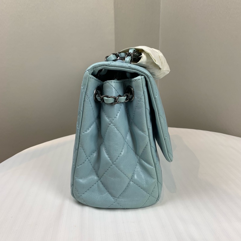 香奈兒/Chanel 經典CF Jumbo 銀扣淺藍色油蠟皮牛皮菱格紋口蓋包 配件:盒子,塵袋,保卡,購證30x10x20cm-3