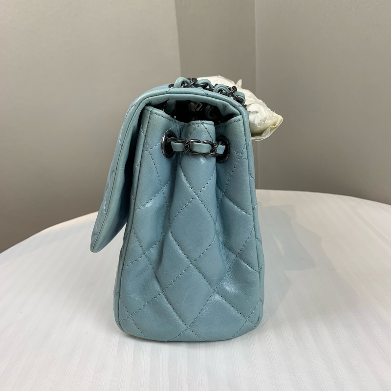 香奈兒/Chanel 經典CF Jumbo 銀扣淺藍色油蠟皮牛皮菱格紋口蓋包 配件:盒子,塵袋,保卡,購證30x10x20cm-4