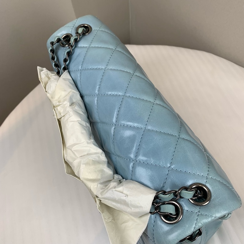 香奈兒/Chanel 經典CF Jumbo 銀扣淺藍色油蠟皮牛皮菱格紋口蓋包 配件:盒子,塵袋,保卡,購證30x10x20cm-5