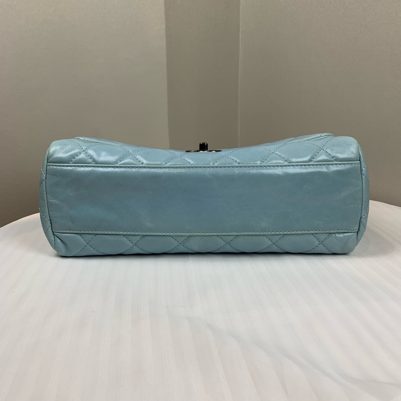 香奈兒/Chanel 經典CF Jumbo 銀扣淺藍色油蠟皮牛皮菱格紋口蓋包 配件:盒子,塵袋,保卡,購證30x10x20cm-6