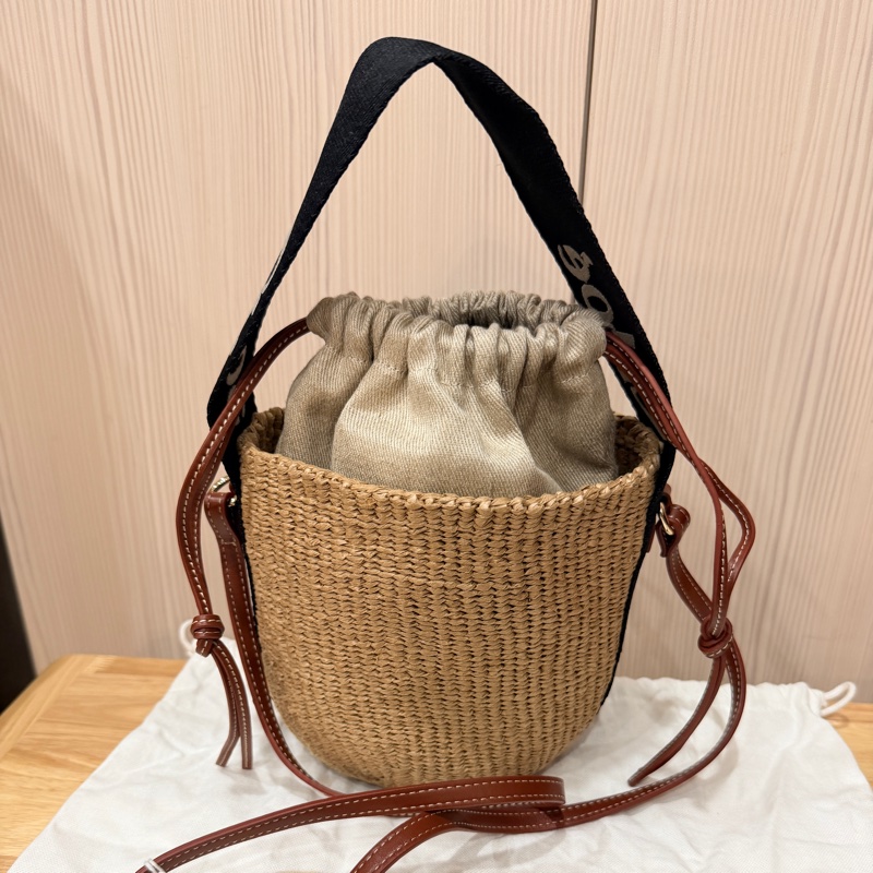 Chloe 黑白牛皮竹編包 竹簍包 草編包 斜背側背手提-0