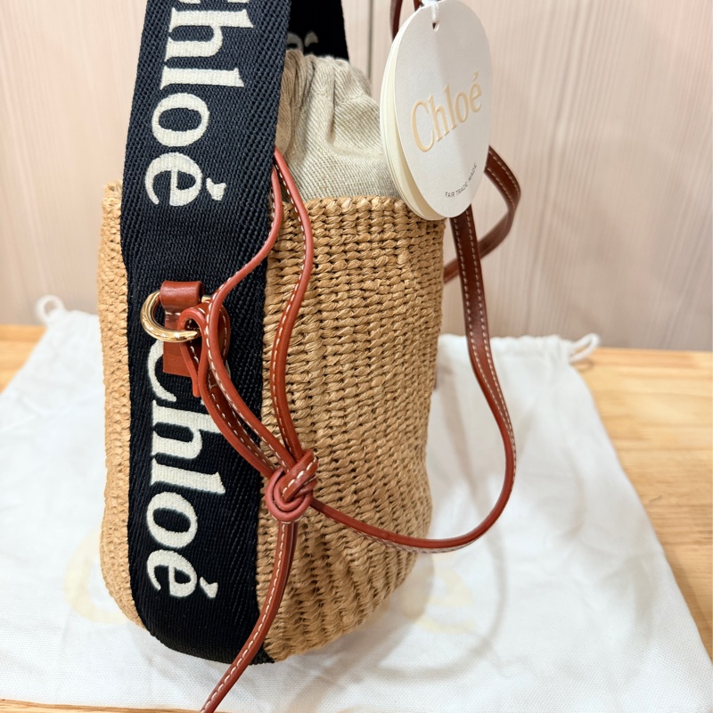 Chloe 黑白牛皮竹編包 竹簍包 草編包 斜背側背手提-3