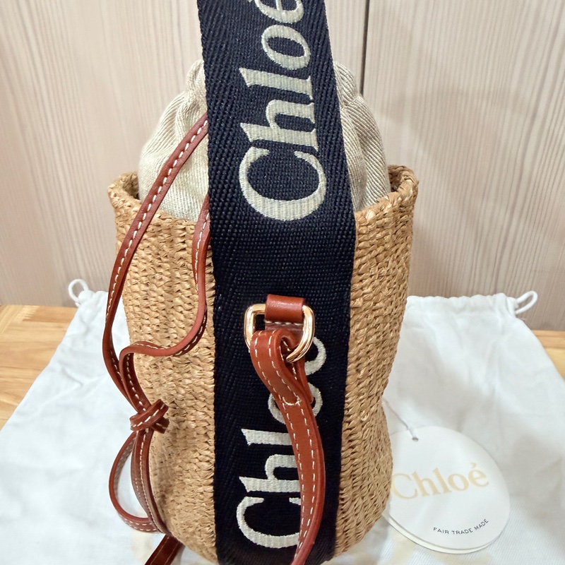 Chloe 黑白牛皮竹編包 竹簍包 草編包 斜背側背手提-6