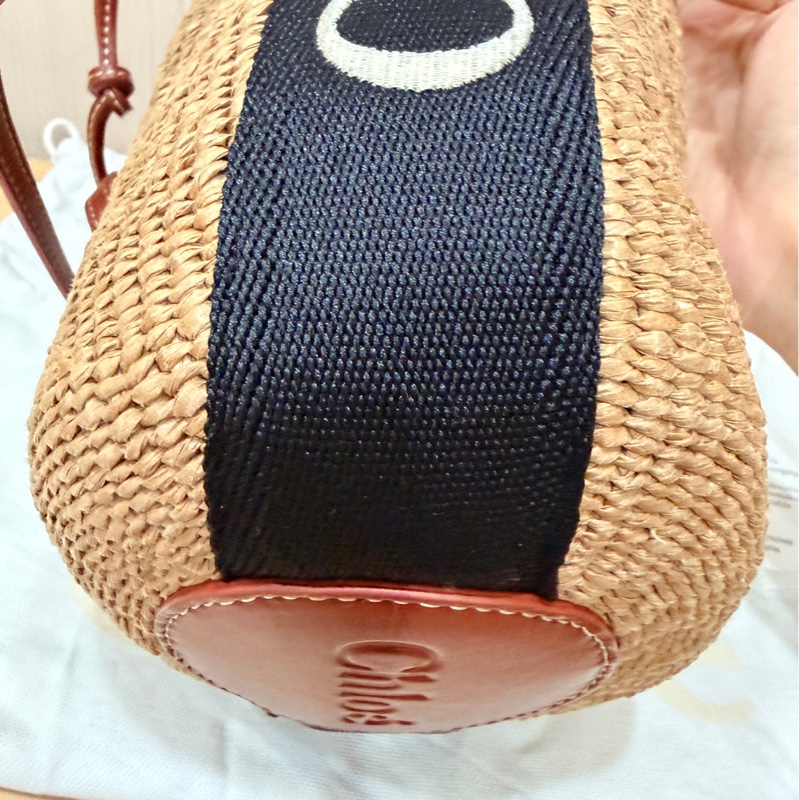 Chloe 黑白牛皮竹編包 竹簍包 草編包 斜背側背手提-10
