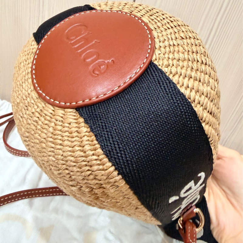 Chloe 黑白牛皮竹編包 竹簍包 草編包 斜背側背手提-11