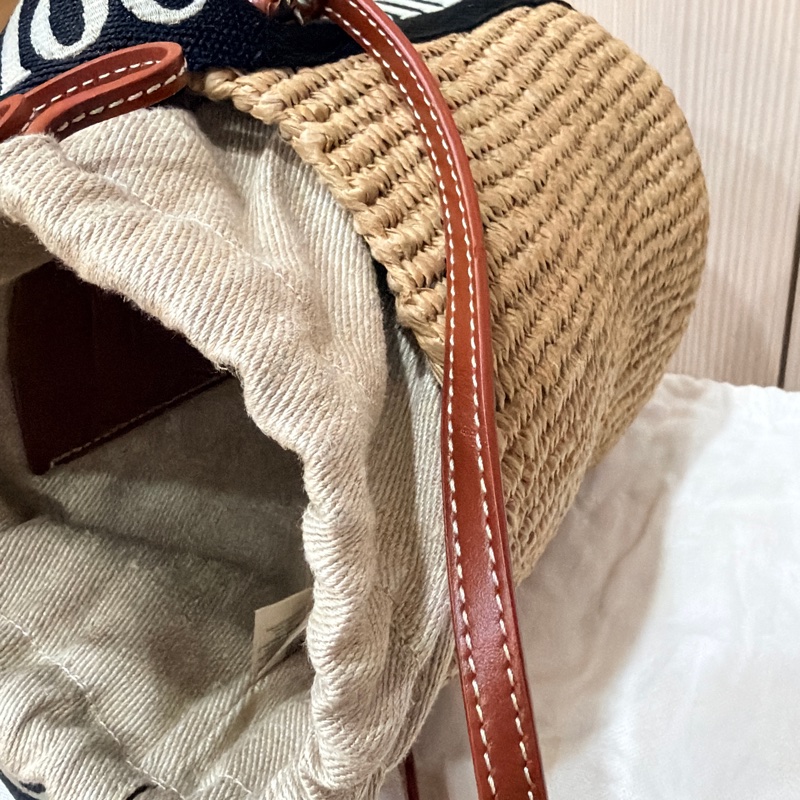 Chloe 黑白牛皮竹編包 竹簍包 草編包 斜背側背手提-16