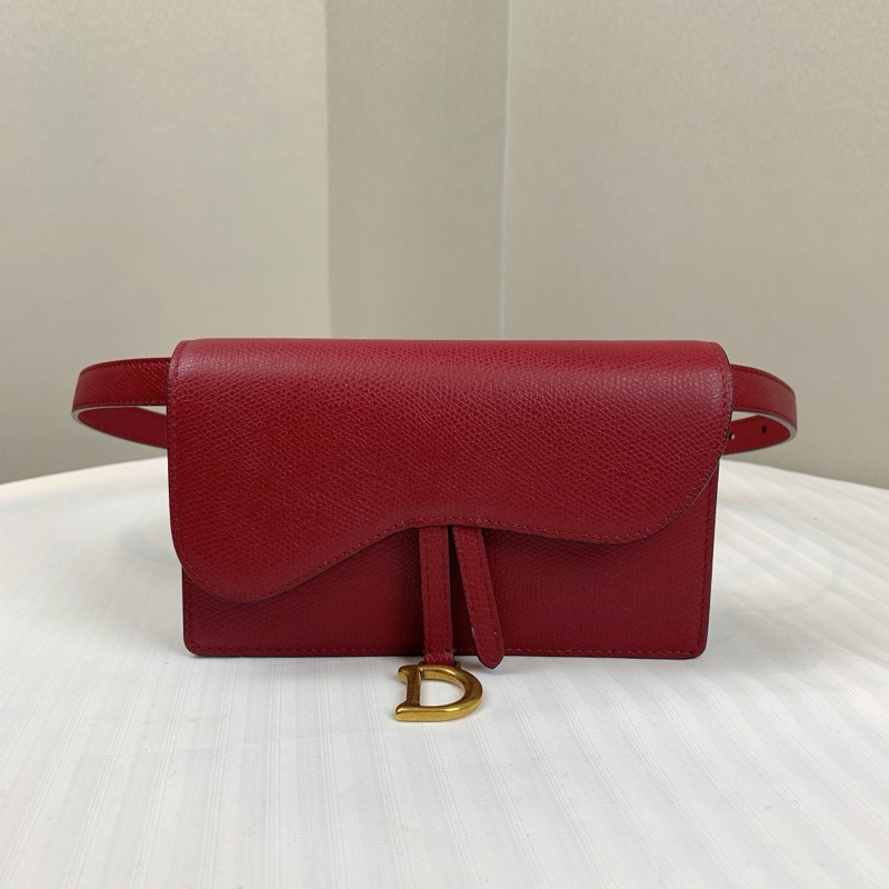 迪奥/Dior Saddle馬鞍 金扣酒紅色牛皮腰包胸包 多種背法的氣質小包 7x2.5x10.5cm-0