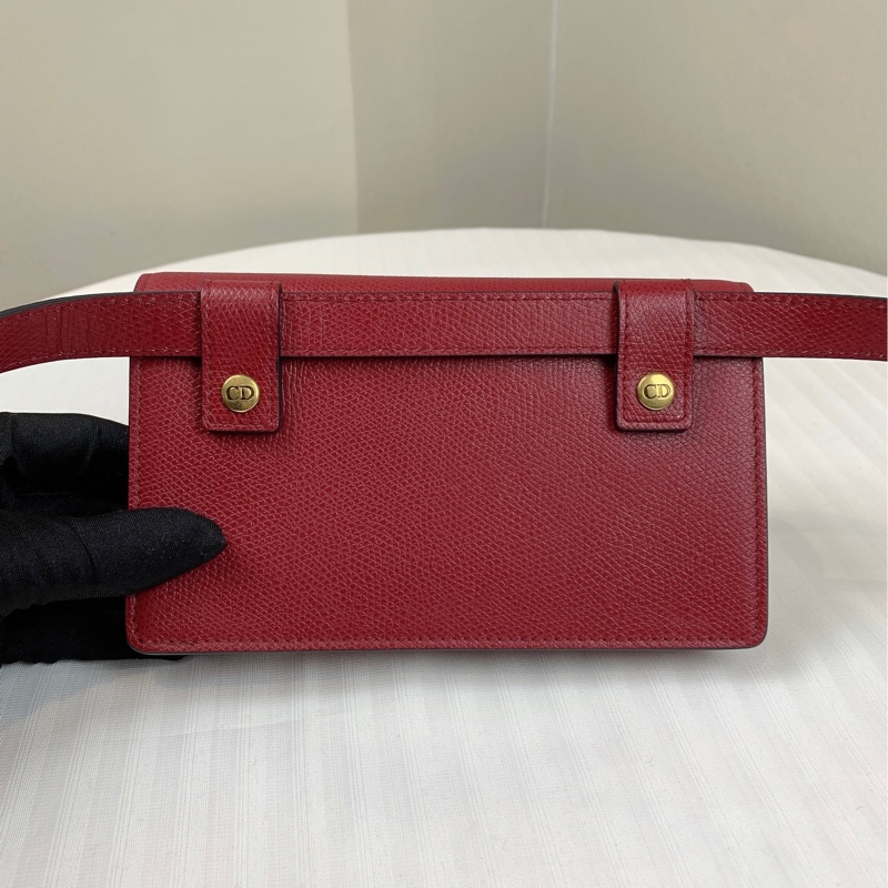 迪奥/Dior Saddle馬鞍 金扣酒紅色牛皮腰包胸包 多種背法的氣質小包 7x2.5x10.5cm-3