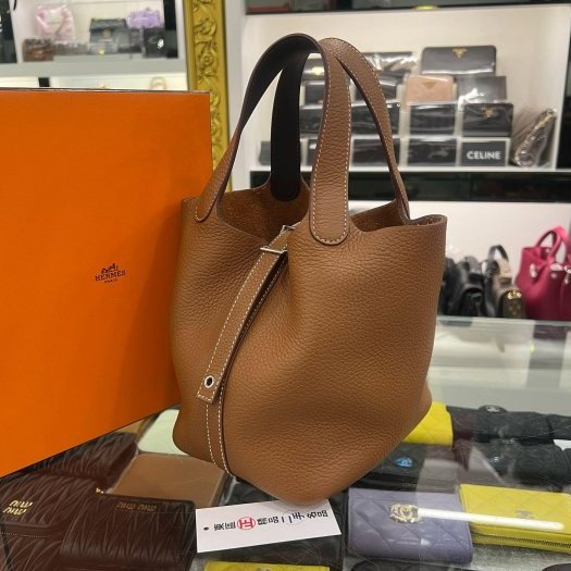 東區正精品㊣HERMES PICOTIN 18 愛馬仕金棕色銀釦菜籃水桶袋包鎖頭包手提包 Z刻 RZ6382-0