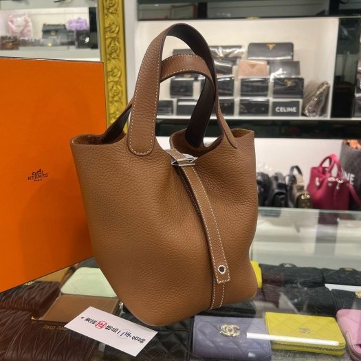 東區正精品㊣HERMES PICOTIN 18 愛馬仕金棕色銀釦菜籃水桶袋包鎖頭包手提包 Z刻 RZ6382-1