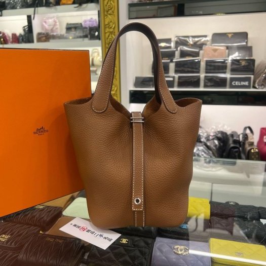 東區正精品㊣HERMES PICOTIN 18 愛馬仕金棕色銀釦菜籃水桶袋包鎖頭包手提包 Z刻 RZ6382-2
