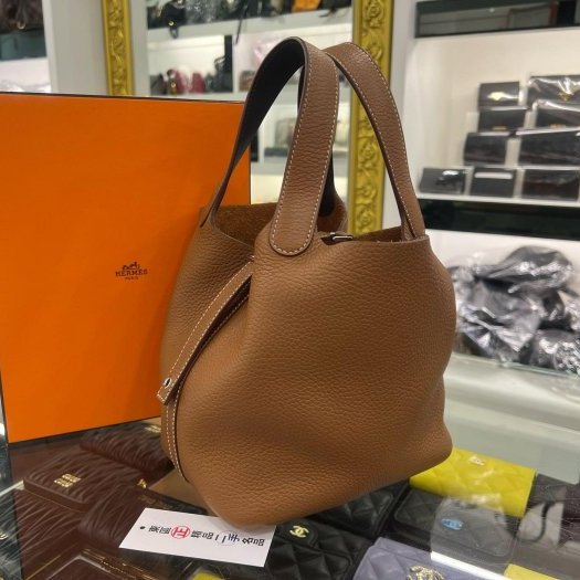 東區正精品㊣HERMES PICOTIN 18 愛馬仕金棕色銀釦菜籃水桶袋包鎖頭包手提包 Z刻 RZ6382-3