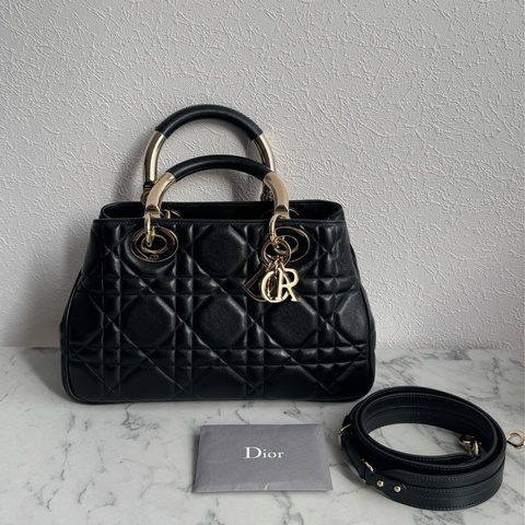 Dior黑色藤格紋淡金手提兩用包