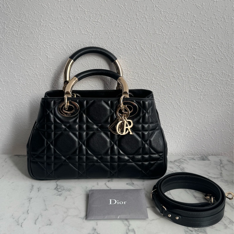 Dior黑色藤格紋淡金手提兩用包-0