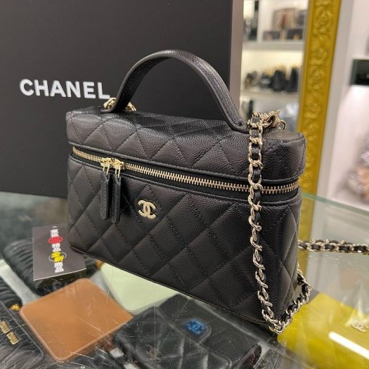 東區正精品㊣CHANEL AP4385 全新香奈兒黑色荔枝牛皮金色雙C手把金鍊雙拉鏈化妝箱飯盒包斜背包 RZ6381-1