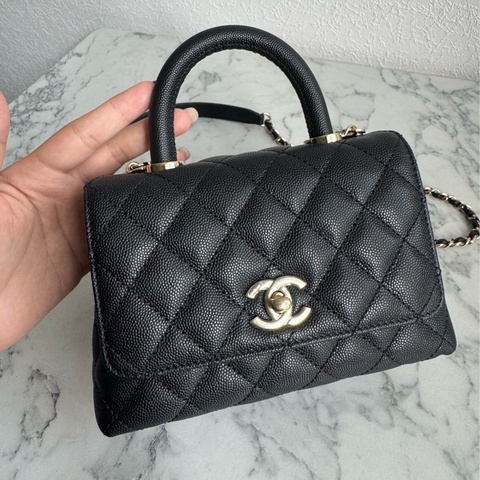 Chanel黑荔枝淡金雙C mini handle