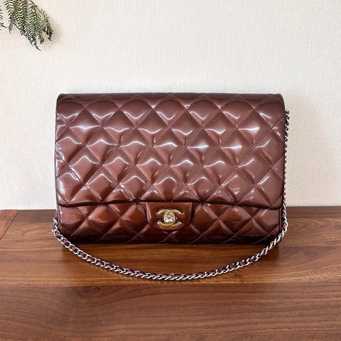 Chanel香奈兒 CF jumbo酒紅色 漆皮單蓋銀鏈 日常通勤非常實用