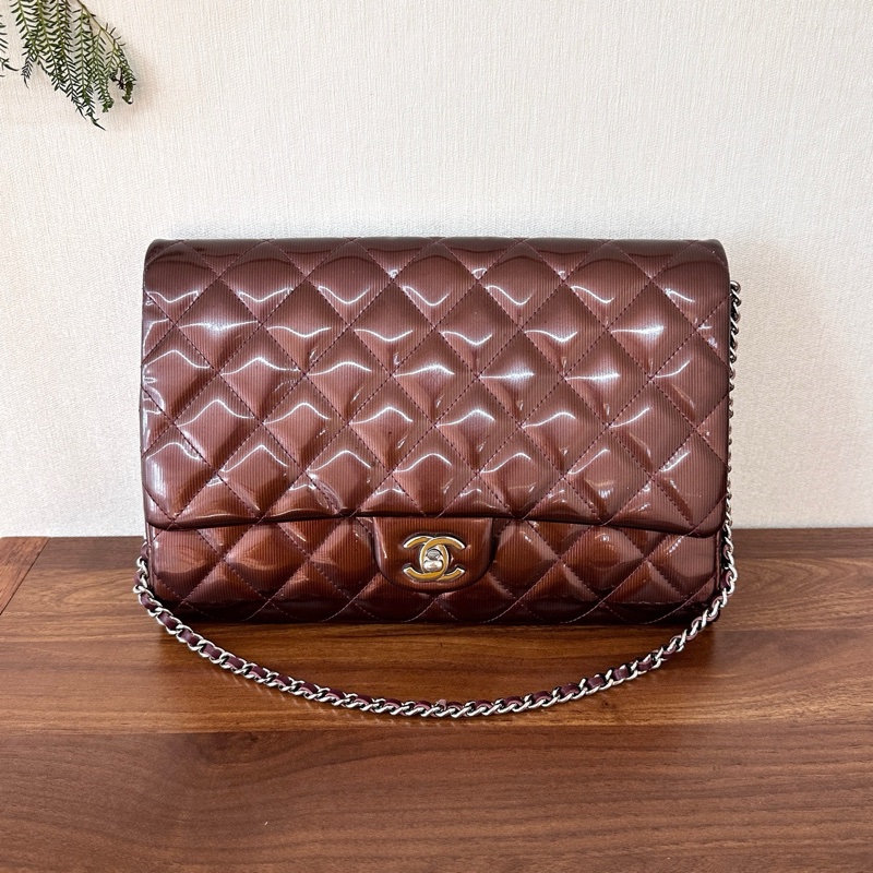 Chanel香奈兒 CF jumbo酒紅色 漆皮單蓋銀鏈 日常通勤非常實用-0